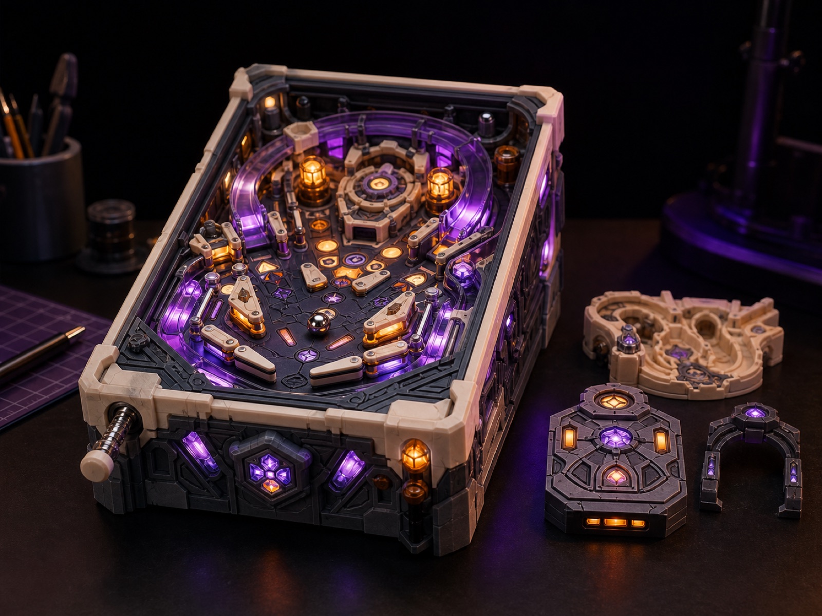 Printball 3D printable modular tabletop pinball machine and interchangeable playfield parts